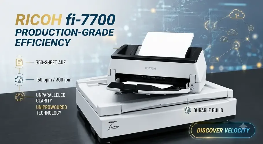 Ricoh fi-7700 heavy-duty A3 production scanner with flatbed and rotating ADF.