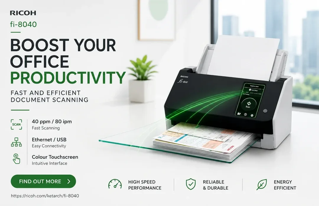 Ricoh fi-8040 compact desktop document scanner featuring a color touchscreen