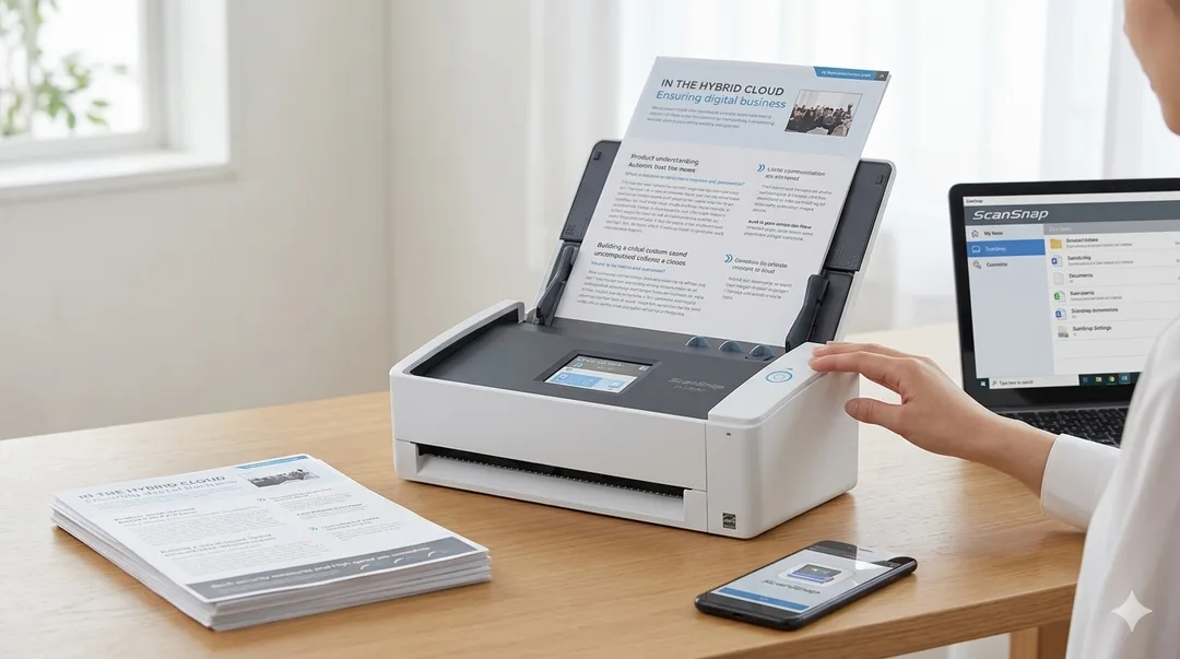 Ricoh ScanSnap iX1300 compact desktop document scanner with white finish and paper path view