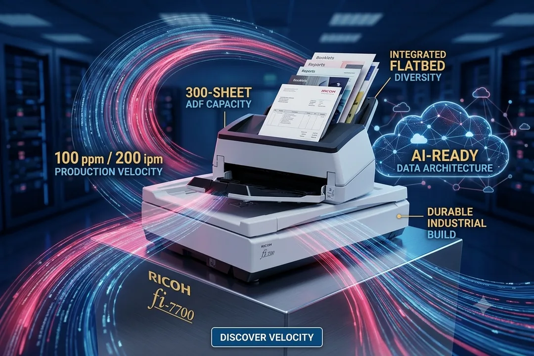 Ricoh fi-7700 commercial flatbed document scanner featuring a 180-degree rotating 300-sheet Automatic Document FeederPicture