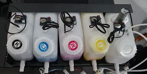 Ink Cartridges all with low ink alarm and white ink Cartridges equipped with a white ink mixer. Prevent ink set to damage the print heads